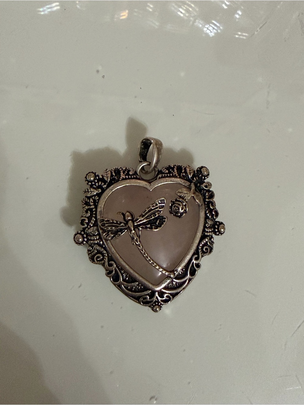 Heart-Shaped Dragonfly Pendant in Silver with Rose Quartz Inlay